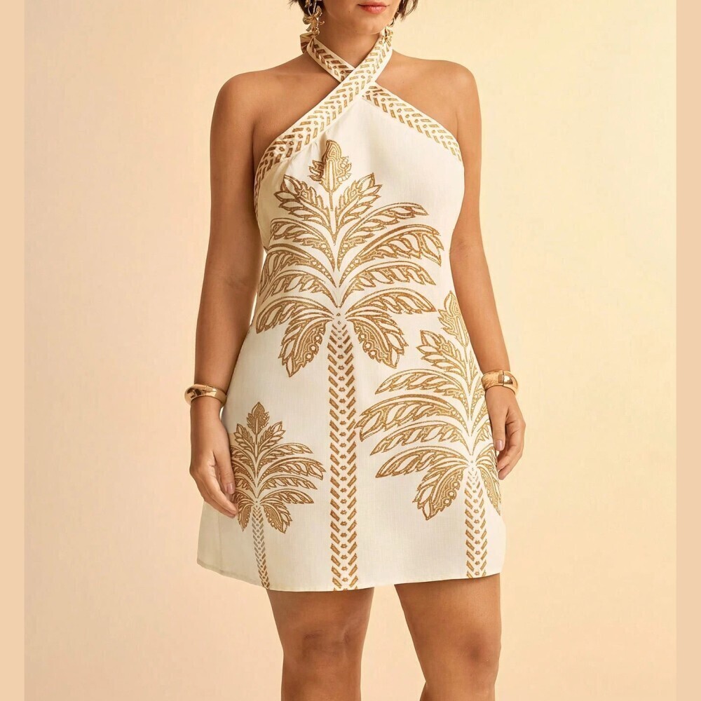 Ivory Gold Palm Print Halter Mini Dress